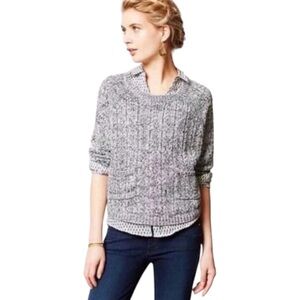 Moth Anthropologie Small Pocket Pullover Sweater Gray White Marled 3/4 Sleeves